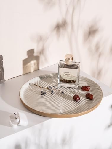 Vanity Tray with Brown Trim - Candle & Perfume Holder Organizer - Round White 11"11" - Home Decor for Dresser, Table, Ba