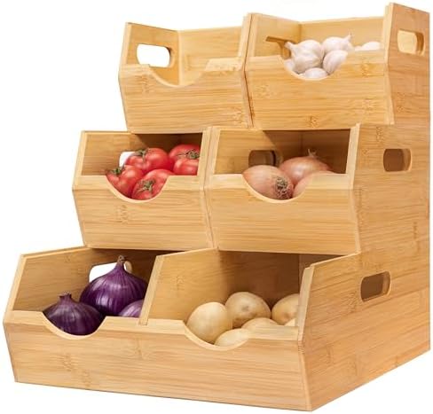 HOMESTEAD 3-Tier Bamboo Pantry Storage Bins – Stackable Potato & Onion Storage Bin with Handles, Fruit Basket & Produce 