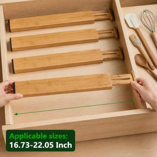 6 Pack Bamboo Drawer Dividers, Dresser Separators 16.6" to 21.8"