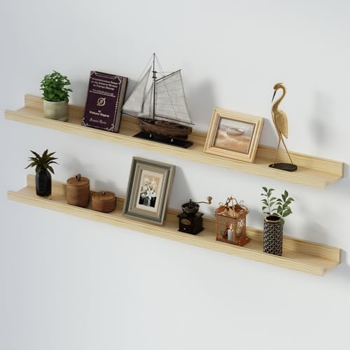SAUMONIERES Picture Ledge Shelf Floating Book Shelves Set of 2 Wall Mounted Solid Wood for Bedroom Bathroom Living Room 