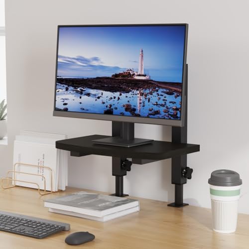 Adjustable Clamp-On Monitor Riser for Desk, Height Adjustable Monitor Stand with Space-Saving Design, Black MDF Shelf fo