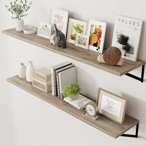 Axeman 12 Inch Deep Floating Shelves for Wall - 55 Inch Wide x 12 Inch Deep Wall Shelves Set of 2 - Rustic Grey Wood Flo