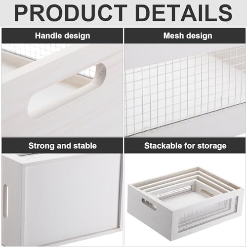 FillTouch 4 Pcs Wooden Nesting Countertop Baskets, White, Small