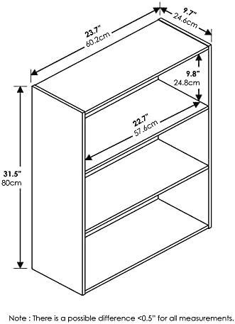 3-Tier Book Shelf, Storage Organizer, Bookshelf, Bookcase with Open Shelf, 9.7 x 23.7 x 31.5, for Living Room, Home Offi
