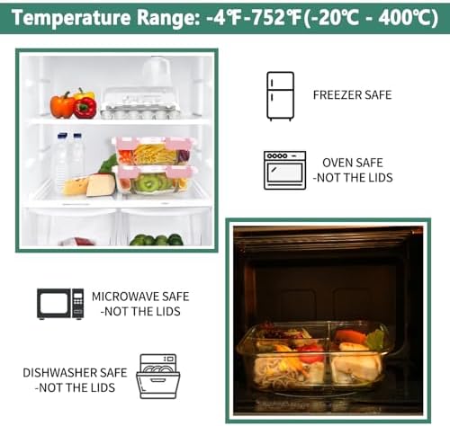 8 Pack 36oz Borosilicate Glass Meal Prep Containers 3 Compartment with Lids