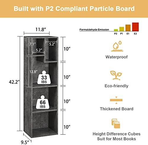 VECELO 4-Tier Bookcase, Modern Storage Cabinet with Height Difference Shelves for Standard Textbooks, 5 Cubes, Vertical 