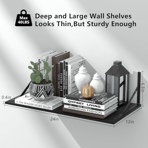 Deep Floating Shelves for Wall Set of 3, 24W x 12 Inch Deep Black Floating Shelves, Wide Floating Wall Mounted Shelves f