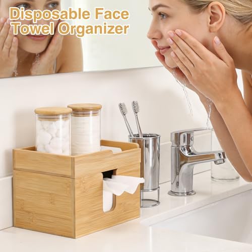 Bamboo Face Towel Holder with 2 Glass Jars, Skincare Organizer