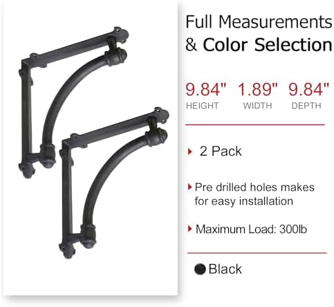 NACH Decorative Shelf Brackets, 2 Pack of 9.6 x 1.7 x 9.6 inch Black Cast Iron Shelf Brackets - Decorative Brackets for 