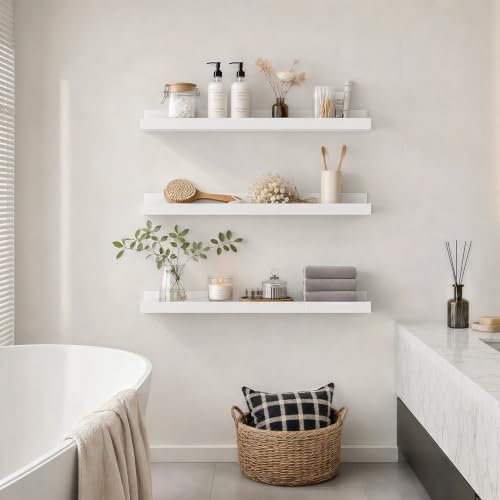 24inch Long Floating Shelves for Wall Decor, 3-Set Shelves with Lip, White