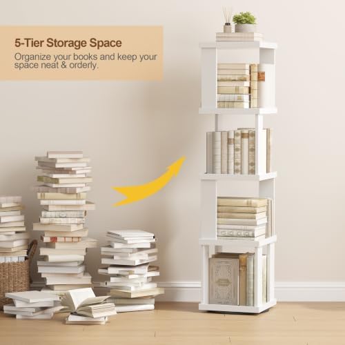 TUTOTAK 5-Tier 360°Rotating Bookshelf, Narrow Book Shelf, Corner Bookcase