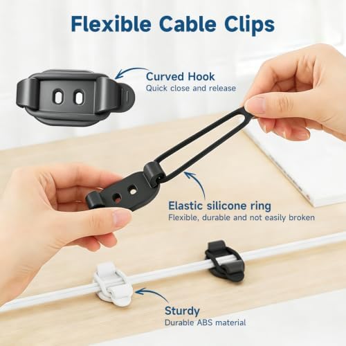 Adjustable Cable Management Clips, Self Adhesive Cord Organizer with Elastic Loop, Reusable Cable Holder for Desk, Under