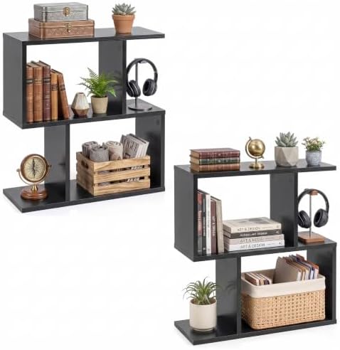 Tangkula 2 Tier Geometric Bookshelf, Freestanding Wood Display Shelf, Home Office Room Divider S Shaped Open Bookcase, S