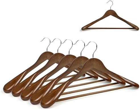 Luxury Wide Shoulder Wooden Suit Hangers with Pants Bar, Classic Solid Wood Jacket Clothes Hangers Smooth Finish for Sweater Dress Pants Sport Coats (Dark Brown, 6 Pack)