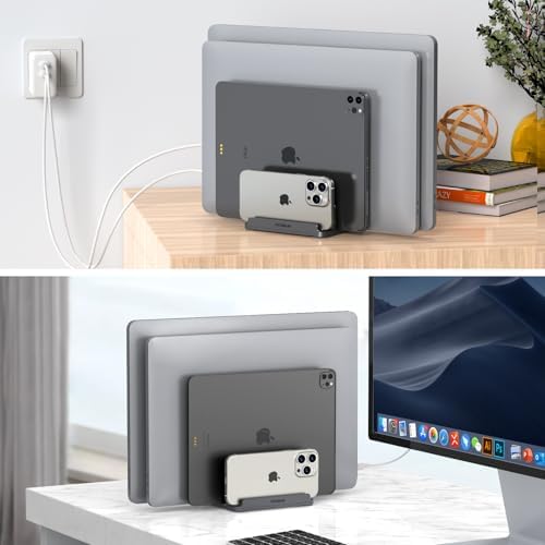 YICOSUN 4-Slot Aluminum Vertical Laptop Stand for Desk - Adjustable Width Dock for MacBook, Surface, Samsung, HP, Dell u