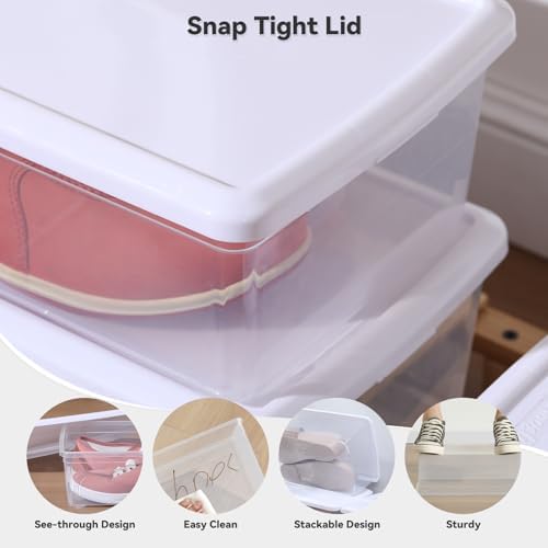 novelinks 12 Pack 6QT Plastic Storage Bins with Lids, Shoe Boxes (White)