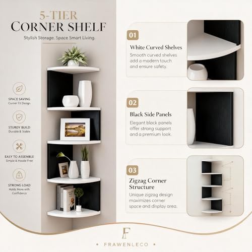 No-Drill Corner Shelf Wall Mount, 5-Tier Floating Corner Bookshelf with Hooks, Space-Saving Zigzag Plant Shelf for Bedro