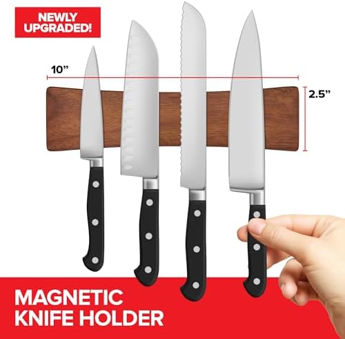 10 Inch Acacia Wood Magnetic Knife Holder with Multipurpose Use, Magnetic Knife Holders for Kitchen, Wooden Knife Rack, 
