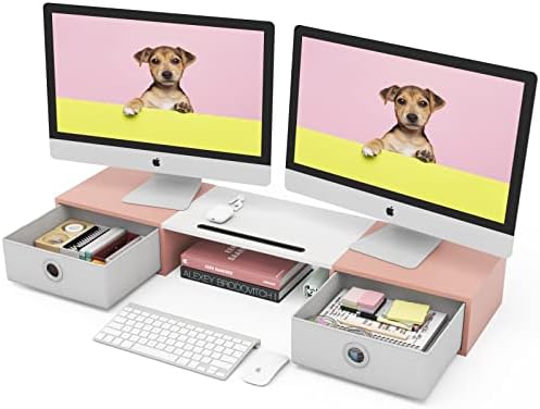WESTREE Dual Monitor Stand Riser with Two Drawers, Extra Large Storage Monitor Stand for 2 Monitors, Desktop Oraganizer 