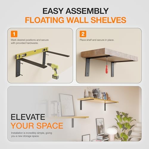 BATODA 10" L Heavy Duty L Shelf Bracket for Floating Shelves, Pack 6, Black