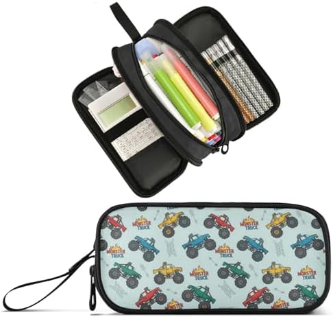 Wfrish Cartoon Monster Trucks Blue Large Capacity Pencil Case, 3 Compartments Pen Pouch Organizer for School College Office, Zippers Big Pencil Bag for Teens Adults Girls Boys Makeup