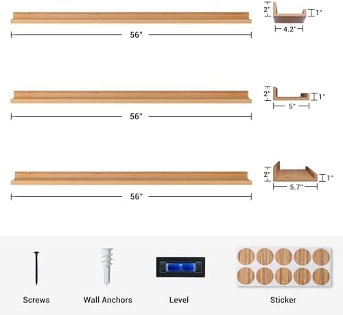 Axeman Picture Ledge Shelf, 55 Inch Oak Floating Shelves Set of 3