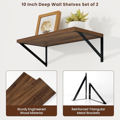Axeman 20 Inch Floating Shelves, 10 Inch Deep Walnut Wall Shelves Set of 2