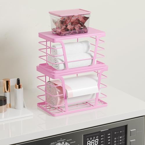 TIDIIABODE 2 Pack Pink Trash Bag Holder - Stackable Garbage Bag Dispenser with Bamboo Top, Kitchen Accessories & Decor, 