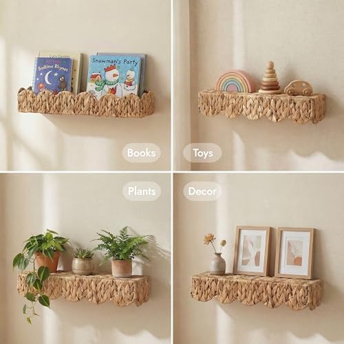 4 Pack Nursery Book Shelves, Scalloped Water Hyacinth Book Shelf for Kids Rooms, Handwoven Floating Book Shelves for Wall, 15.8” Wicker Hanging Bookshelf for Books, Toys, Photo Frames, Nursery decor