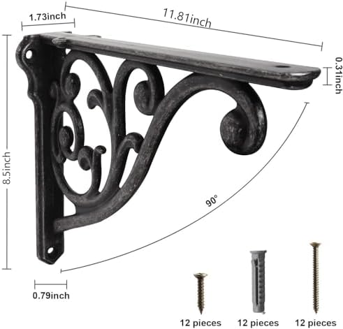 Khtumeware Ornate Decorative Shelf Brackets, 12 inch Big wall Mounted Shelving Bracket, 4 Pack Black Iron Vintage Metal 