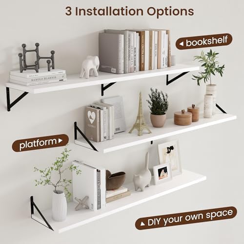 Axeman Floating Shelves for Wall White - 55 Inch Wide x 12 Inch Deep Wall Shelves Set of 2 - White Deep Wood Floating Sh