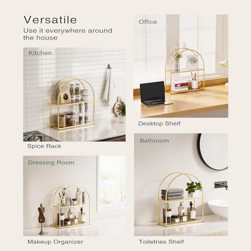 Crofy 2-Tier Arched Wall Shelf with Gold Frame & Transparent Shelves
