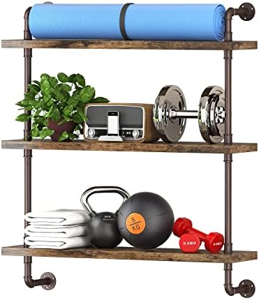 Helsin 3 Tier Industrial Pipe Shelf Rustic Wood Floating Wall Display Bookshelf Storage Rack Sundries Holder for Kitchen