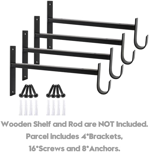AddGrace Closet Rod Bracket Heavy Duty Shelf Brackets Black 6 Inch 4 Pack