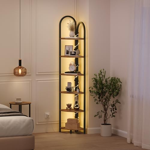MAHANCRIS 6 Tier Corner Shelf with LED Light, 74.6'' Tall Corner Bookshelf Stand, Narrow Display Bookcase with Storage R