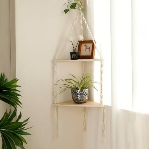 Artilady Corner Shelf Macrame Wall Hanging, Boho Wood Storage Wall Decor