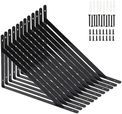 12 Pack L16 x H 10" Heavy Duty Shelf Brackets with Screws Wall Shelf Brackets with 90 Degree Triangle, Black Metal Shelf
