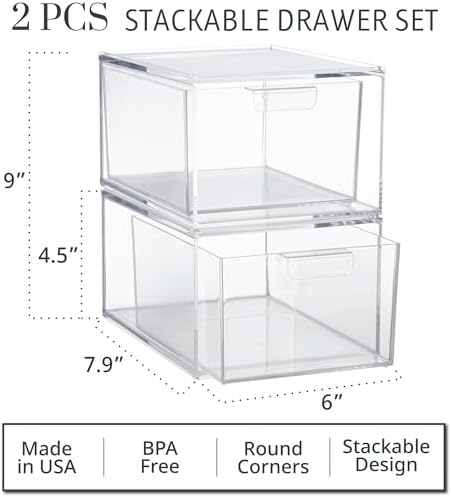 STORi Audrey Stackable Clear Bin Plastic Organizer Drawers | 2 Piece Set | Organize Cosmetics and Beauty Supplies on a V