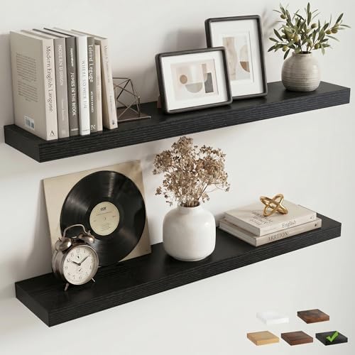 36 Inch Floating Shelves for Wall, 6.5"D Wood Storage Shelves, Black Finish