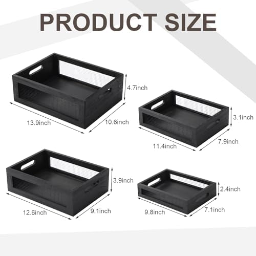 FillTouch 4 Pcs Wooden Nesting Countertop Baskets, Black, Small