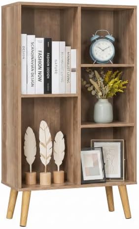 YAHARBO Small Yellow Narrow Bookshelf,4 Tier Modern Bookcase with Legs,Bookshelves Wood Storage Shelf,Rustic Book Shelve