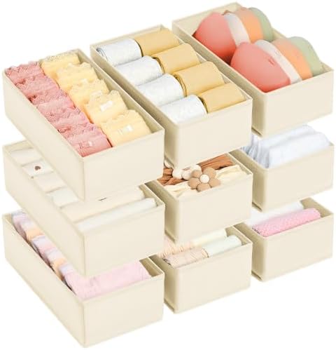 DIMJ Drawer Organizer Clothes - Underwear Organizer Small Sock Organizer Closet Organizers and Storage Box Dresser Drawer Dividers for Baby Clothes, Bra, Socks, Belt, Tie, Set of 9, Beige