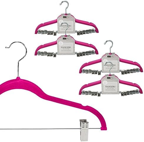 Simplify 24 Pack Velvet Hangers with Clips | Skirt and Pants | Slim Space Saving | Closet Organization | Non-Slip | Prevent Creases | Swivel Neck | Durable | Fuchsia
