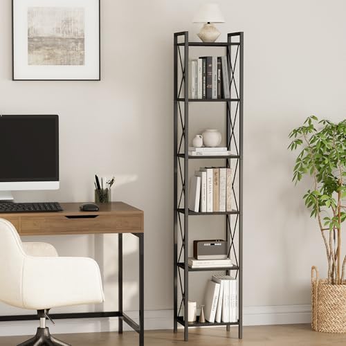 Homhedy 6 Tier Small Bookshelf, Tall Narrow Bookcase, Metal Book Shelf