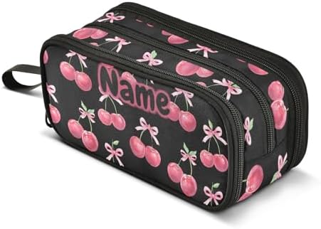 Custom Watercolor Cherry Bow Pencil Case Box Boys Girls Personalized Name Large Pencil Pouch Stationery Pen Bag Organizer for Kids Adults School Office