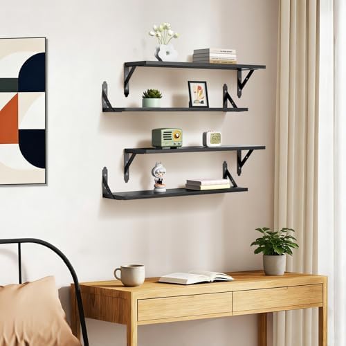 ROMGUAR CRAFT Wood Wall Floating Shelves Set of 4, 23.6" x 6" - Black