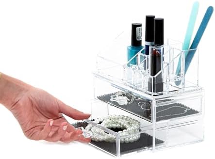Compactor Make-up and Jewellery Storage Box, With 2 Drawers, Transparent, Polystyrene, Fabric Lining, 18.8 x 11.7 x H. 1