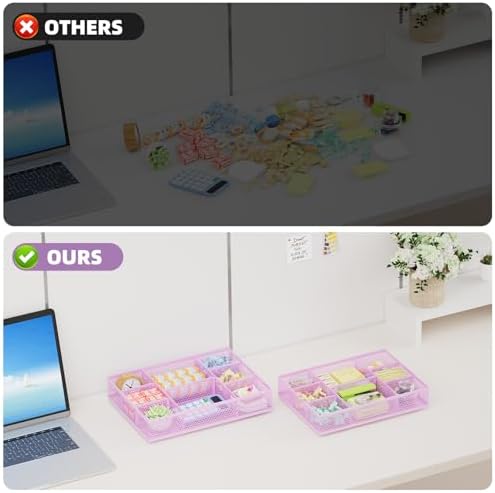 Marbrasse 2 Pack Desk Drawer Organizer, Mesh Drawer Organizer Tray with 8 Adjustable Compartments, Desk Organizers and Accessories, 5 Dividers Drawer for Office Supplies, Makeup & Vanity (Purple)