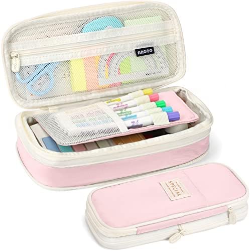 KPX Big Capacity Pencil Pen Case Bag with Zipper Office College School Storage Large Capacity Bag Pouch Holder Box Organizer Colorful (Pink)