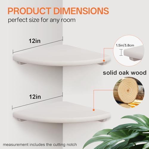 Gieanoo Floating Corner Shelves Set 2 12inch White Solid Oak Rounded Corner Shelves Wall Mounted with Cable Hole Wood Co